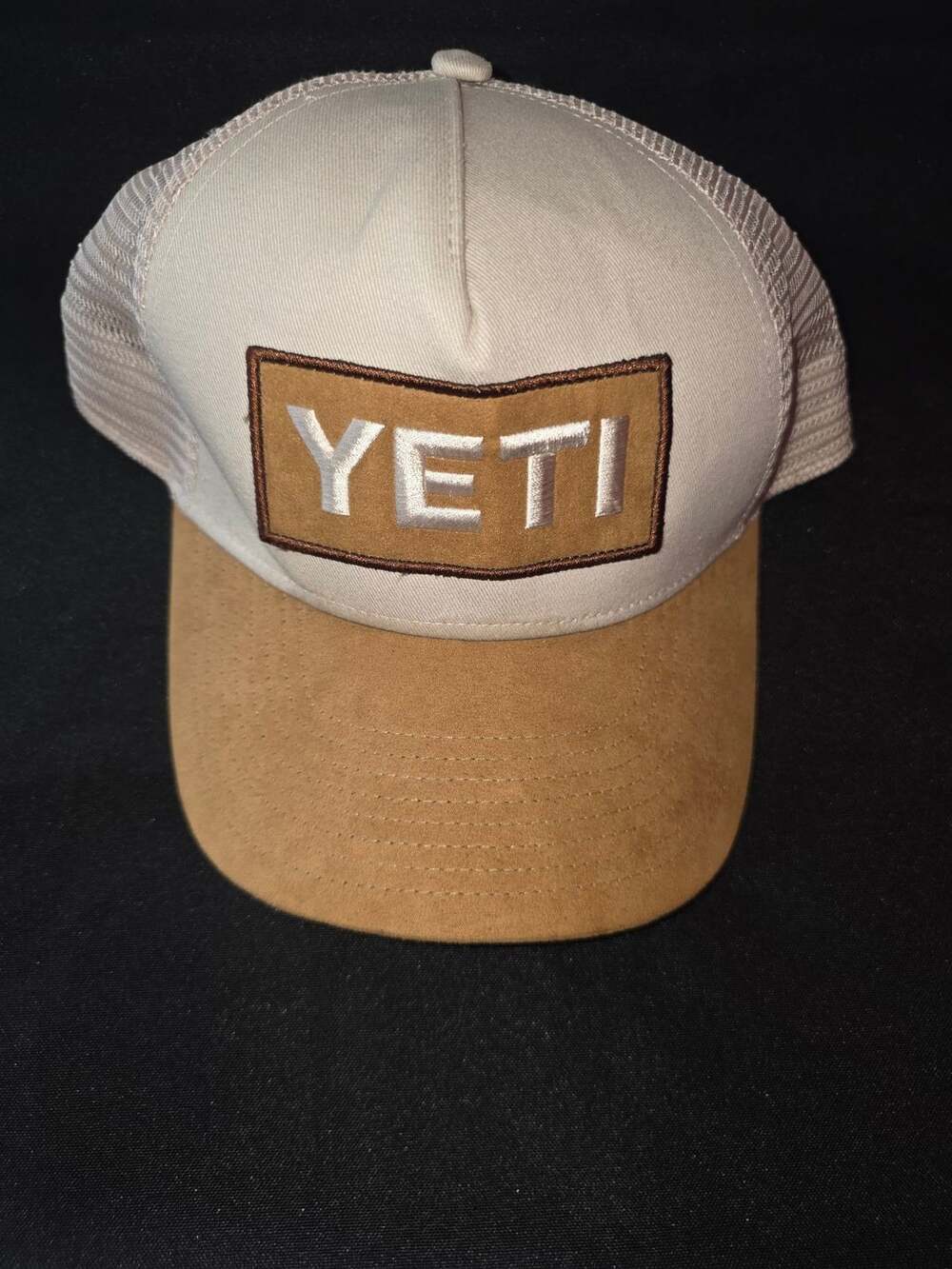 YETI Logo Badge Trucker Hat Khaki and Brown Snapback Cap